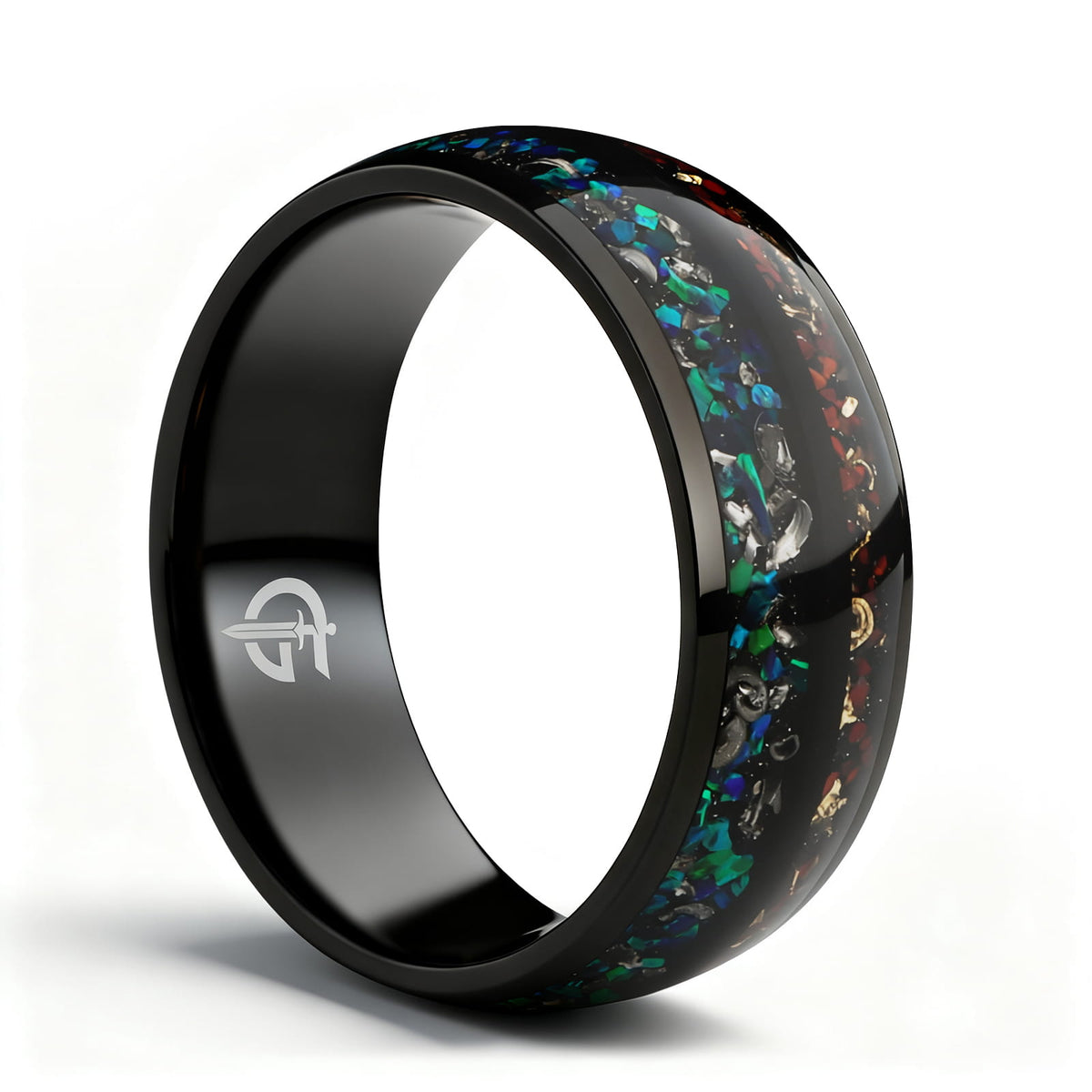 Black titanium ring with two inlays: blue-green opal and meteorite beside reddish-brown bone and copper.