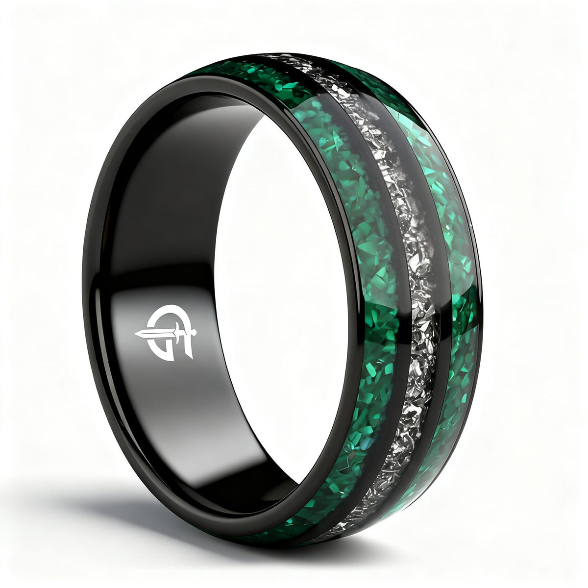 Polished black titanium ring with green malachite channels on either side of silver-gray meteorite.