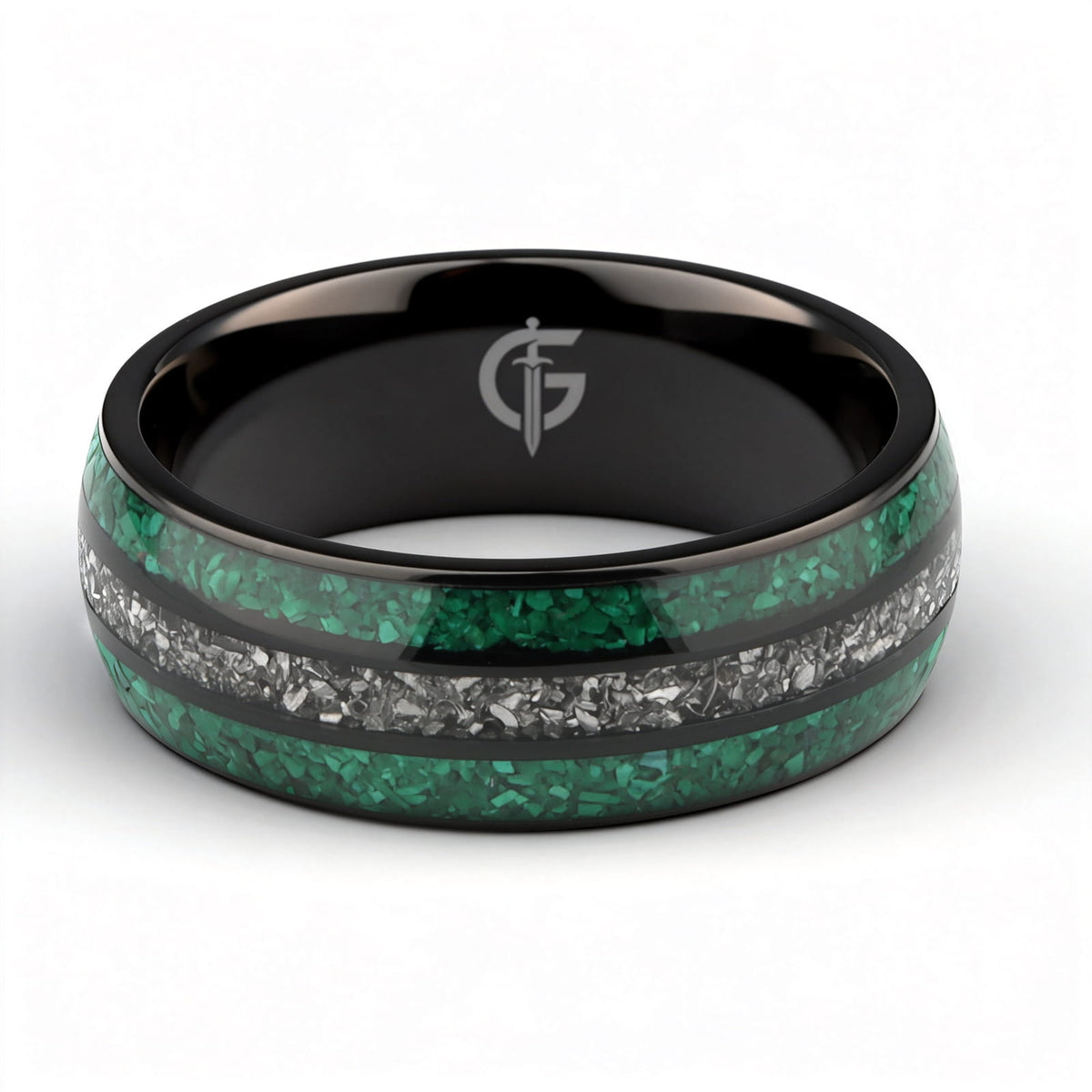 Polished black titanium ring with green malachite channels on either side of silver-gray meteorite.