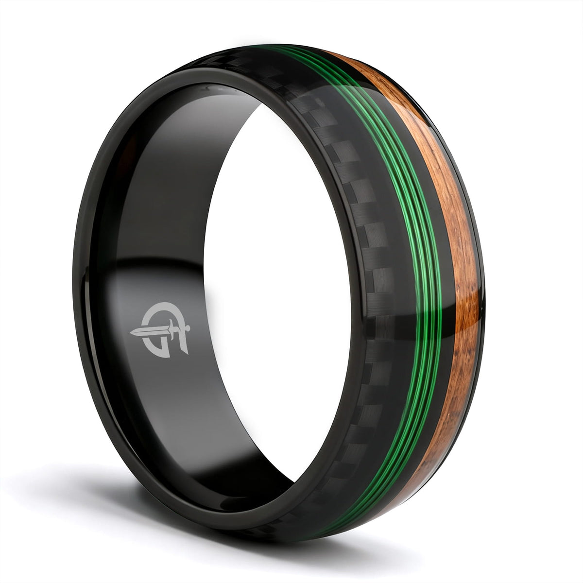 Black titanium ring with green fishing line between brown whiskey barrel wood and black carbon fiber