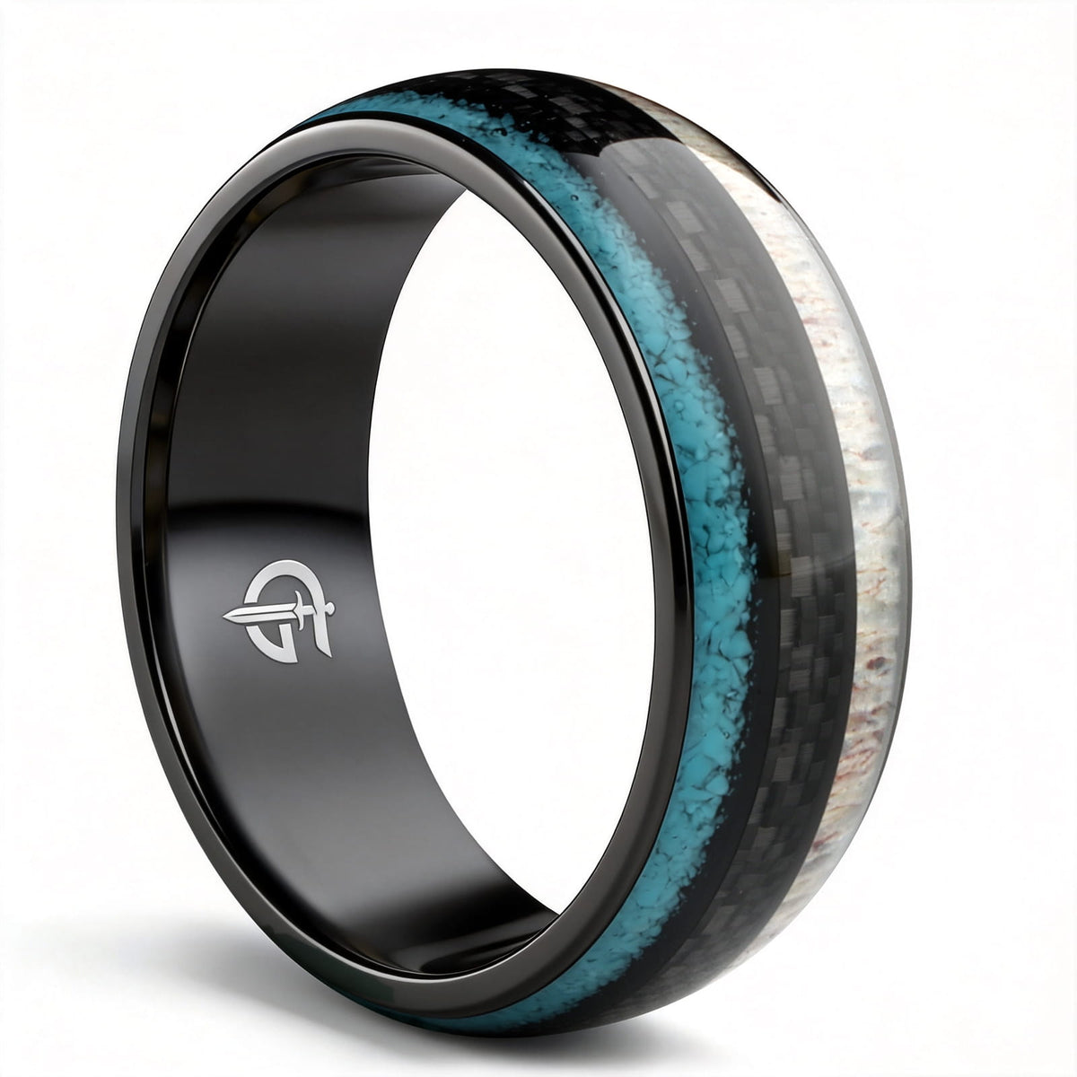 Black titanium ring with pale deer antler and blue turquoise flanking a black carbon fiber center