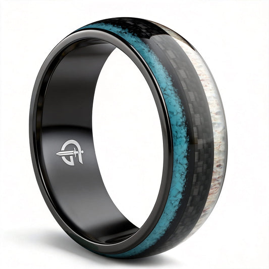 Black titanium ring with pale deer antler and blue turquoise flanking a black carbon fiber center
