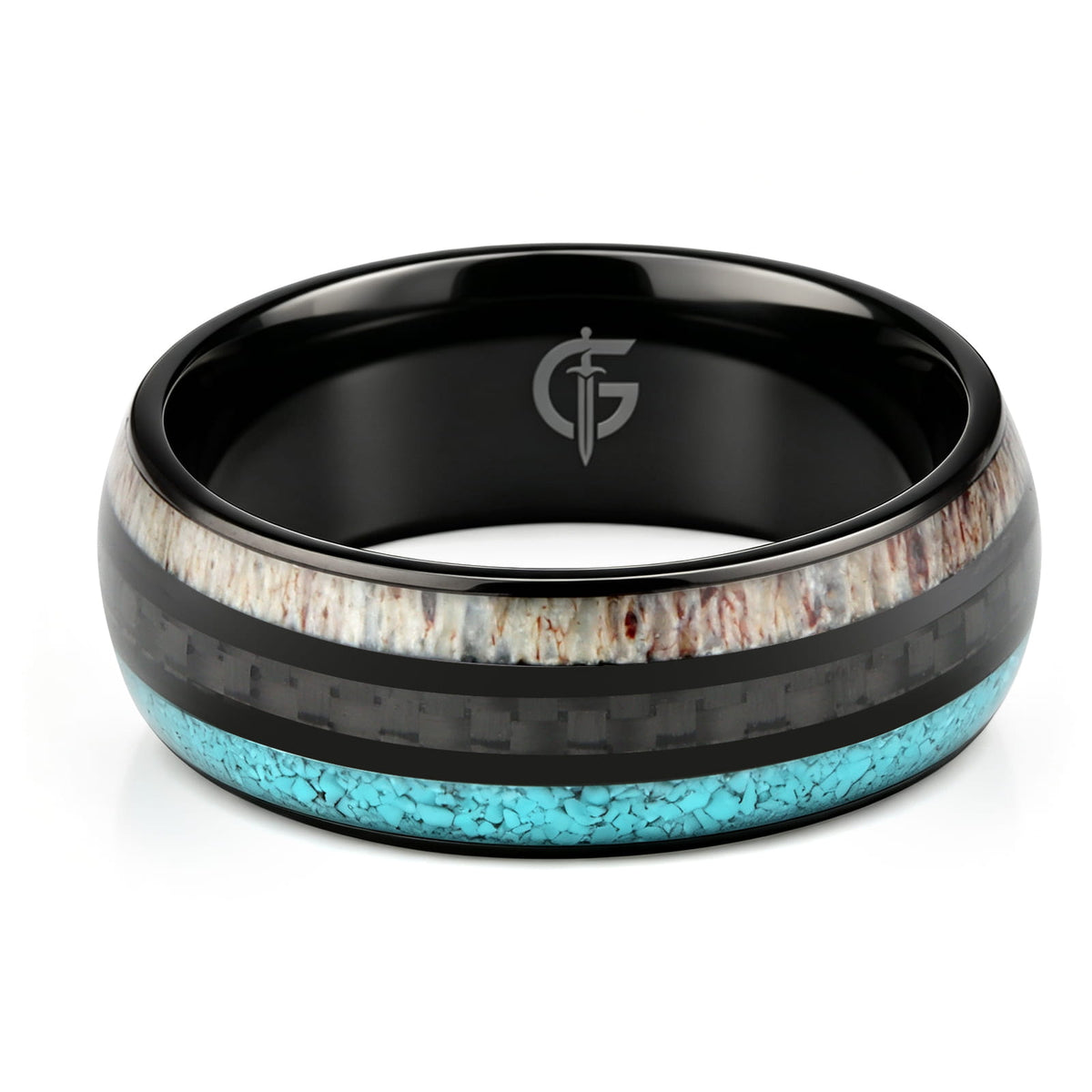 Black titanium ring with pale deer antler and blue turquoise flanking a black carbon fiber center