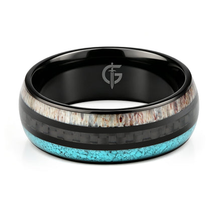 Black titanium ring with pale deer antler and blue turquoise flanking a black carbon fiber center