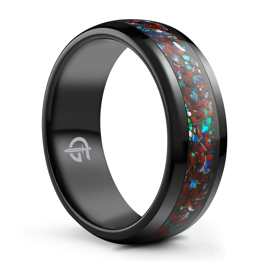 Polished black tungsten ring with mixed meteorite, red dinosaur bone and blue-green natural opal fragments