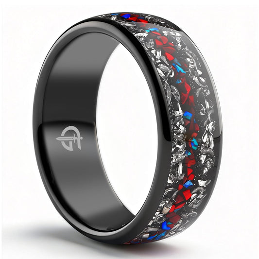 Black tungsten ring with meteorite flanking a red dinosaur bone and blue-green natural opal center