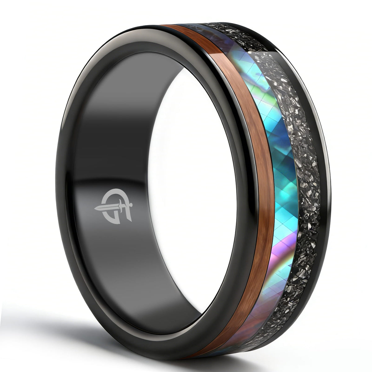 Black tungsten ring with iridescent abalone shell between silver-gray meteorite fragments and brown whiskey barrel wood