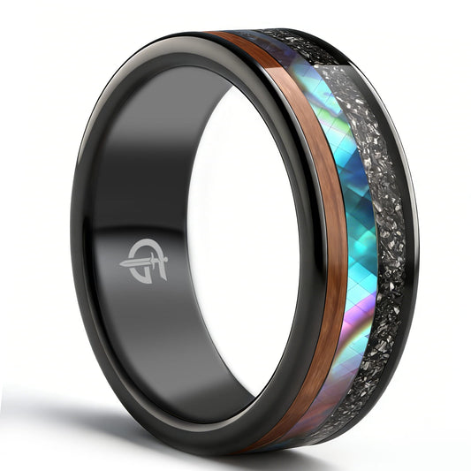 Black tungsten ring with iridescent abalone shell between silver-gray meteorite fragments and brown whiskey barrel wood