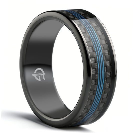 Polished black tungsten carbide ring with blue fishing line centered between two black carbon fiber strips.