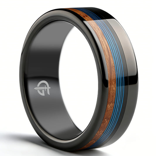 Flat black tungsten ring with offset blue fishing line and whiskey barrel wood beside a wide edge