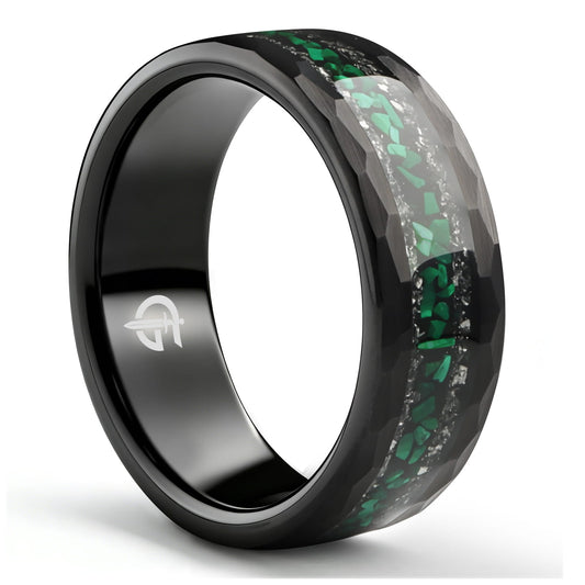 Hammered black tungsten ring with green malachite centered between two rows of silver-gray meteorite fragments