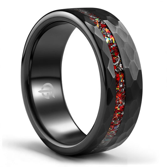 Hammered black tungsten ring with a narrow offset meteorite, dinosaur bone and iridescent natural opal inlay