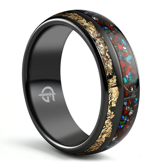 Polished black tungsten ring with gold leaf beside red dinosaur bone, silver-gray meteorite and blue-green opal fragments