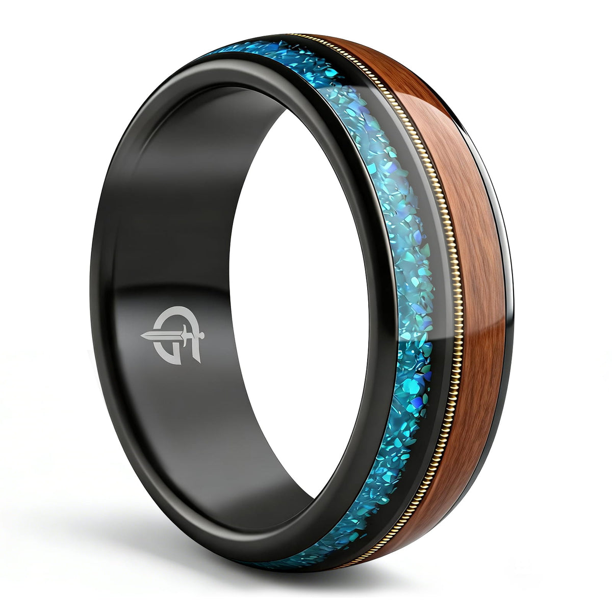 Black tungsten ring with brown whiskey barrel wood, gold-colored guitar string and blue opal inlays