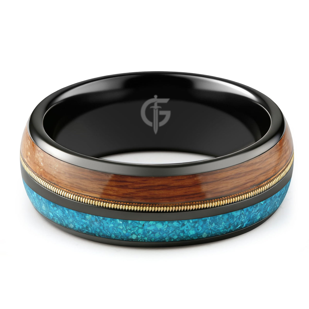 Black tungsten ring with brown whiskey barrel wood, gold-colored guitar string and blue opal inlays