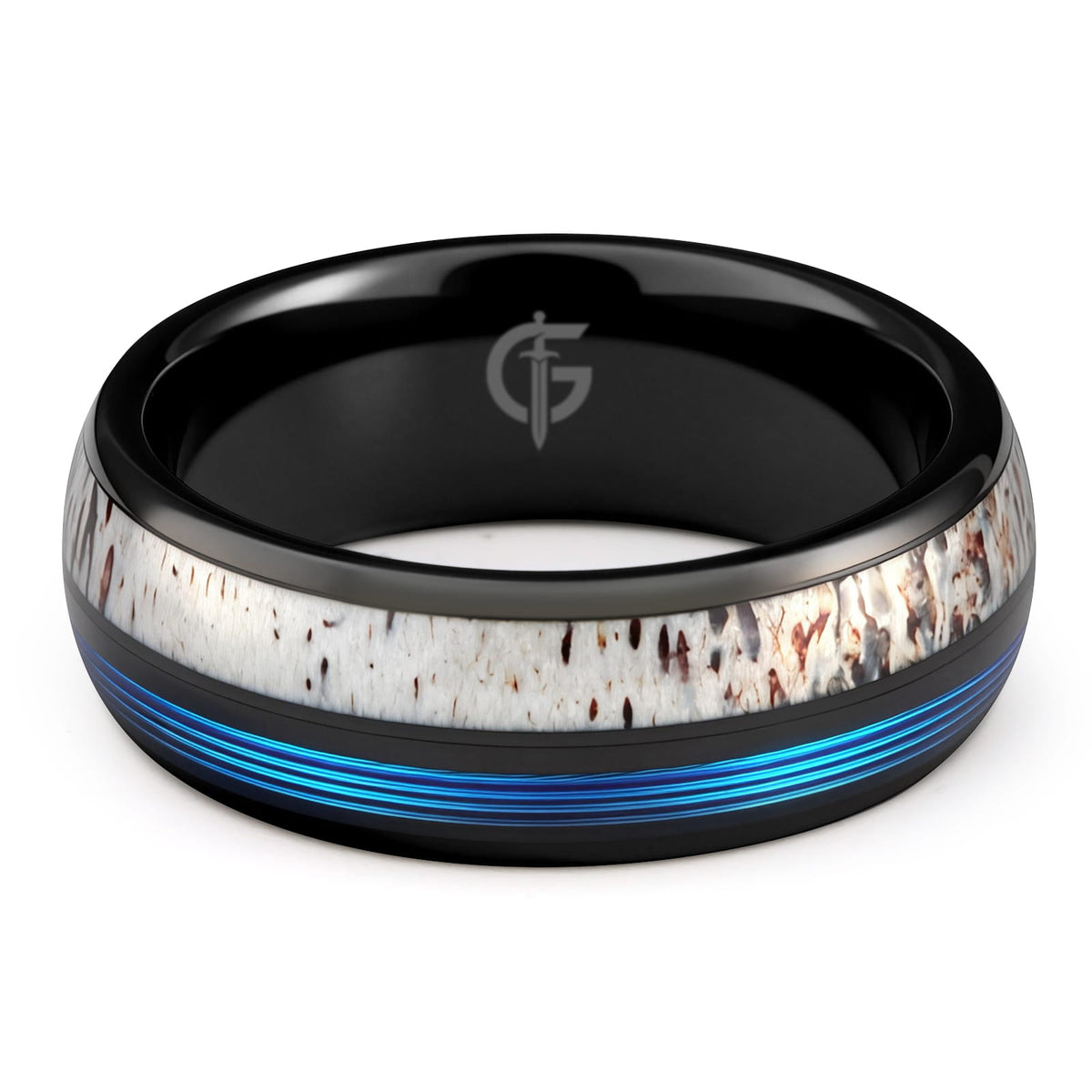 Domed black tungsten ring with blue fishing line and brown-patterned pale deer antler in separate grooves