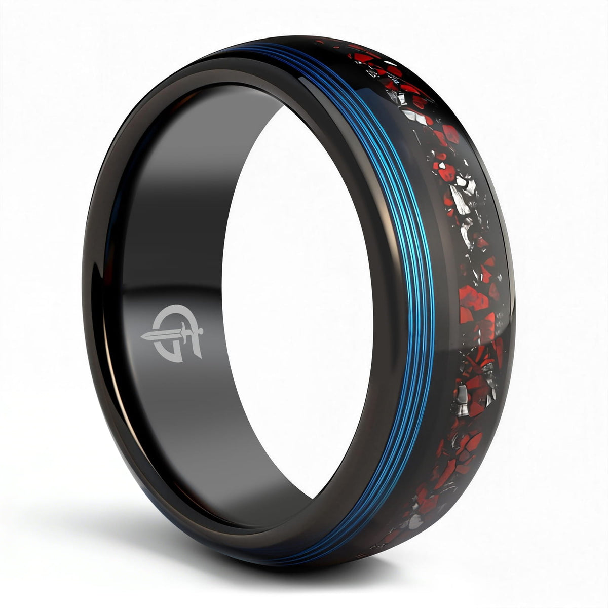Polished black tungsten ring with fine blue fishing line beside red dinosaur bone and silver-gray meteorite fragments