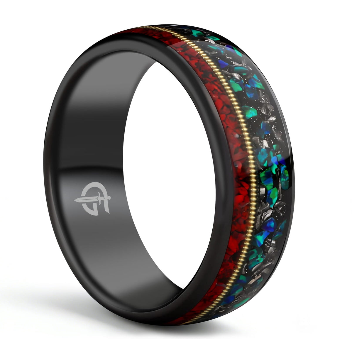 Polished black tungsten ring with gold-colored guitar string between red dinosaur bone and mixed meteorite and blue-green opal