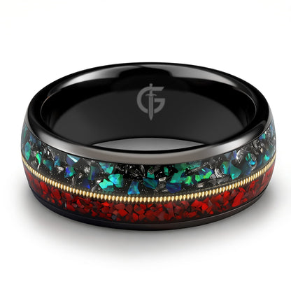 Polished black tungsten ring with gold-colored guitar string between red dinosaur bone and mixed meteorite and blue-green opal