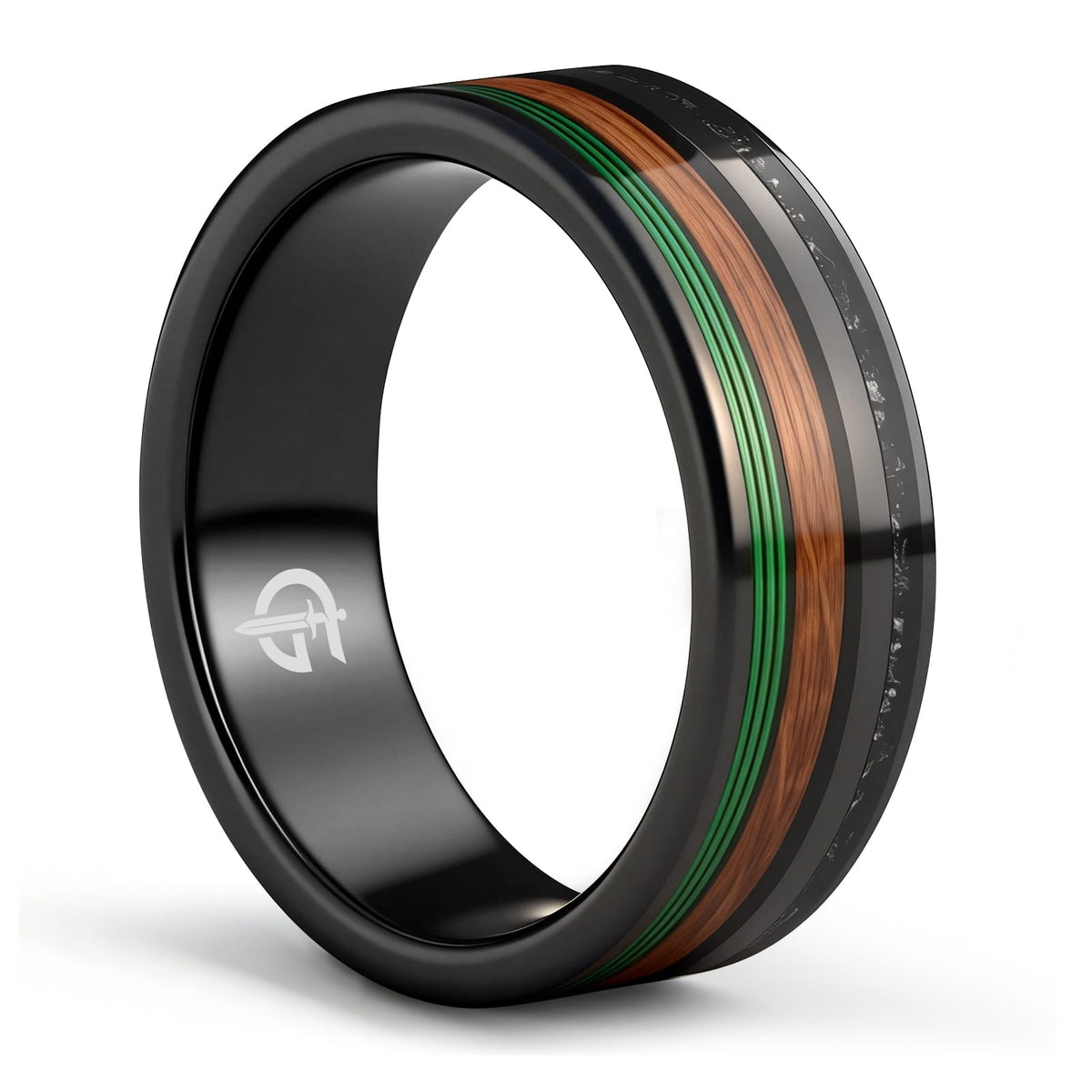 Polished black tungsten carbide ring with green fishing line, brown whiskey barrel wood and silver-gray meteorite