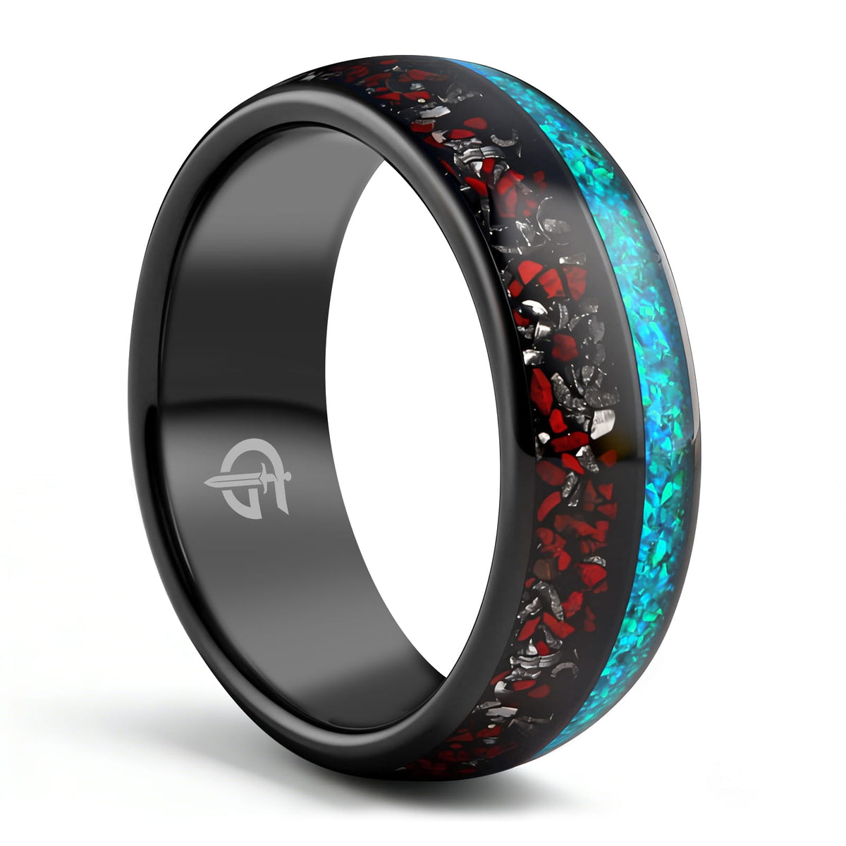 Black domed tungsten ring with red and silver-gray fragments beside a blue-green opal inlay.