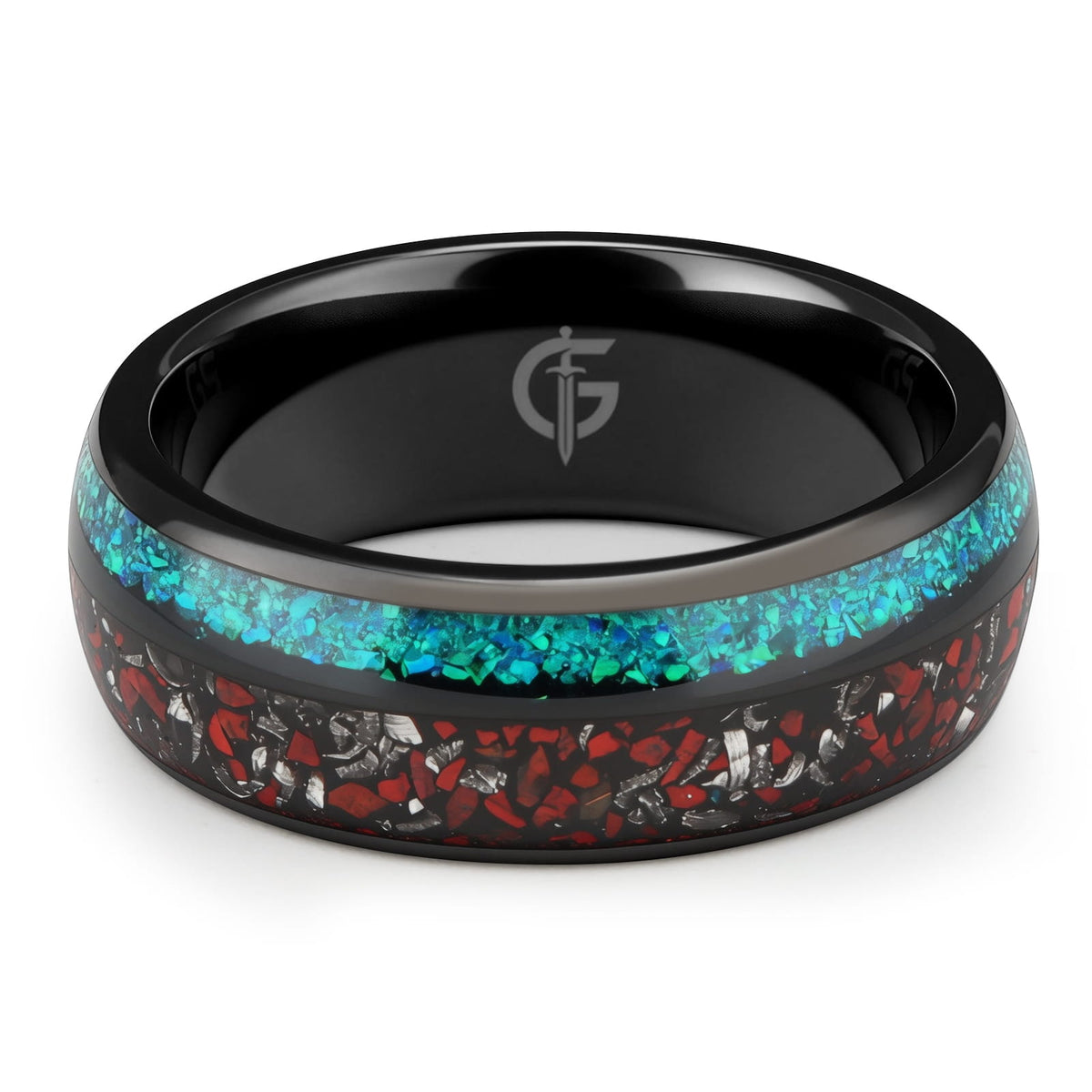 Black domed tungsten ring with red and silver-gray fragments beside a blue-green opal inlay.