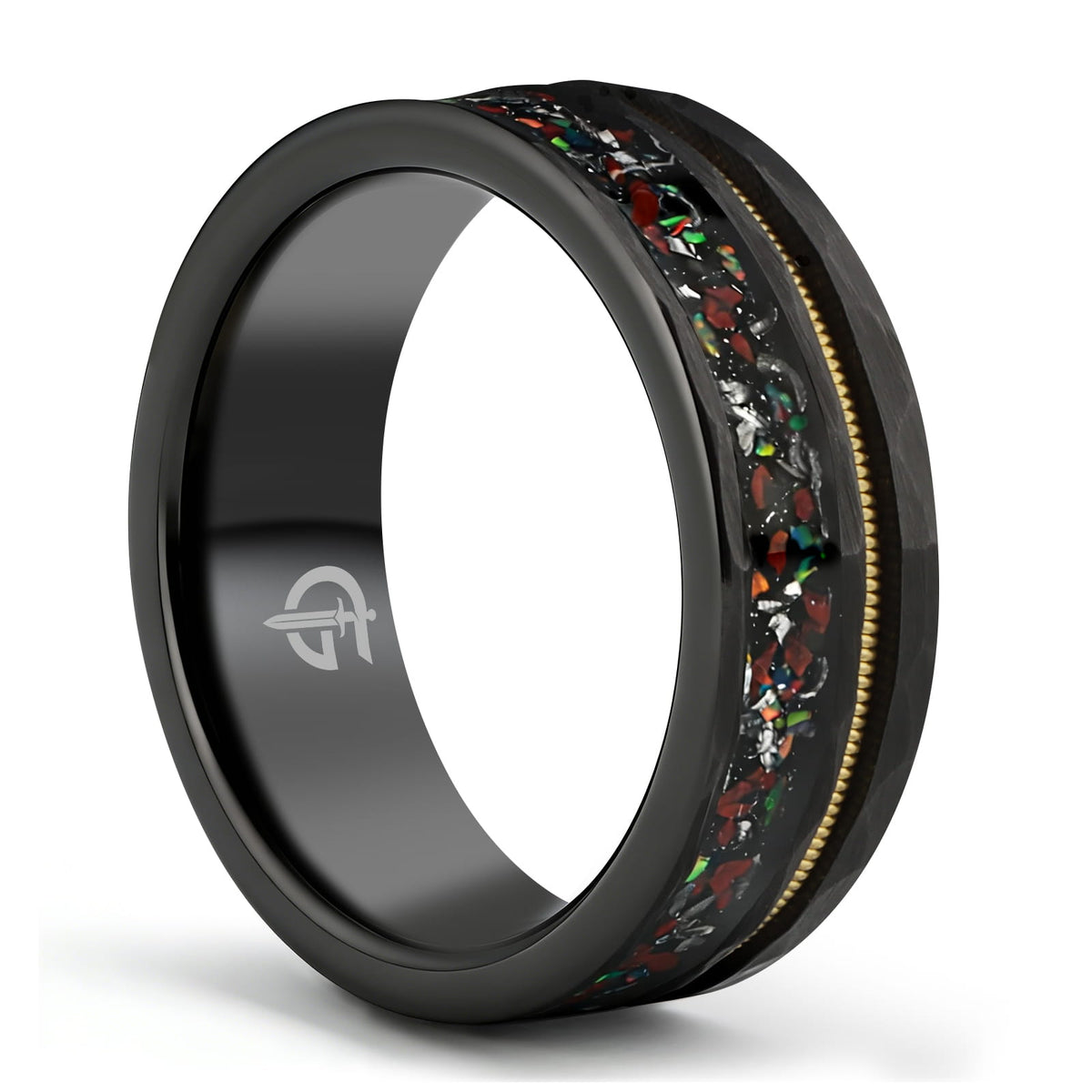 Hammered black tungsten carbide ring with a gold-tone guitar string and red-brown, silver-gray and multicolor inlays