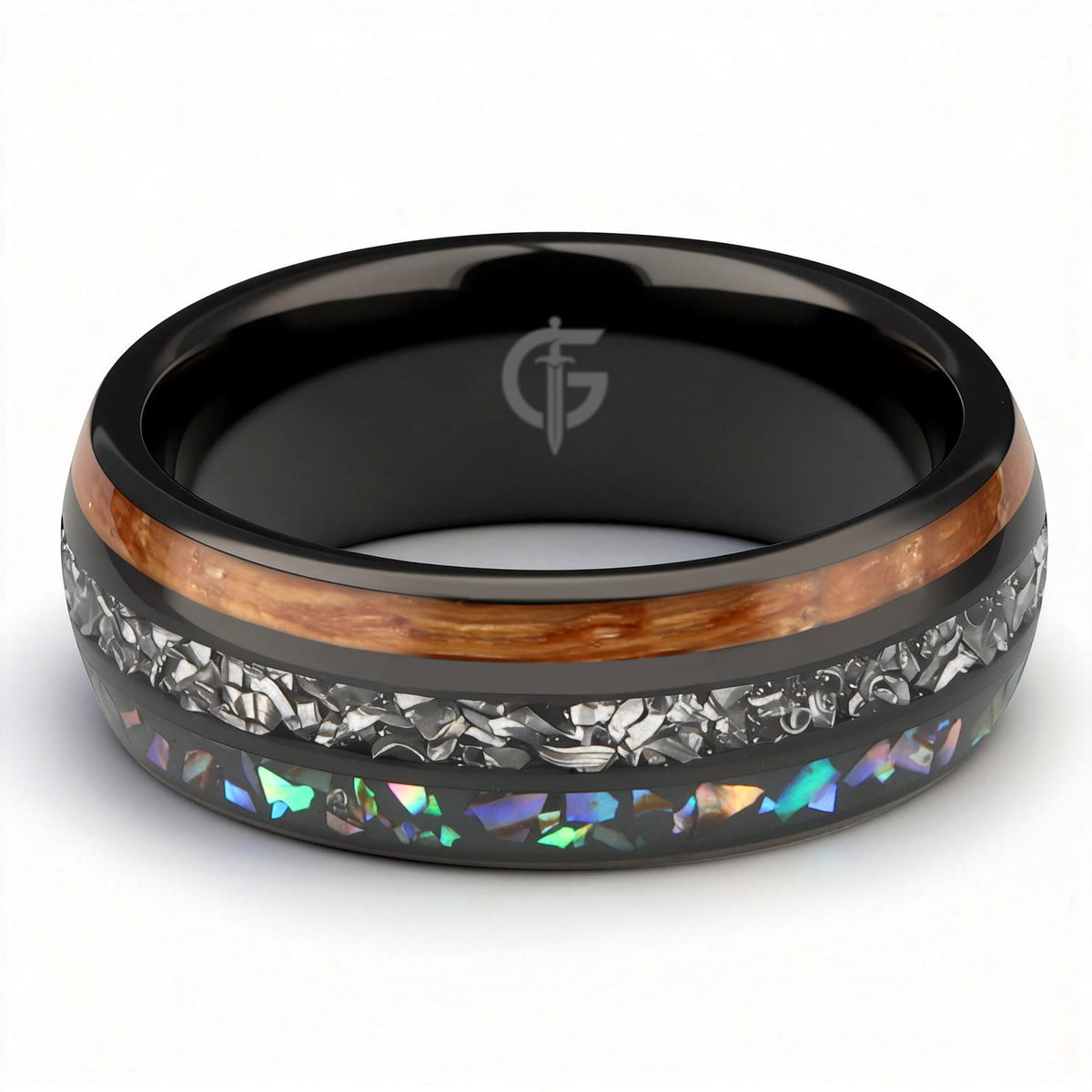 Black domed ring with brown wood, silver-gray meteorite, and iridescent abalone in three separate channels.