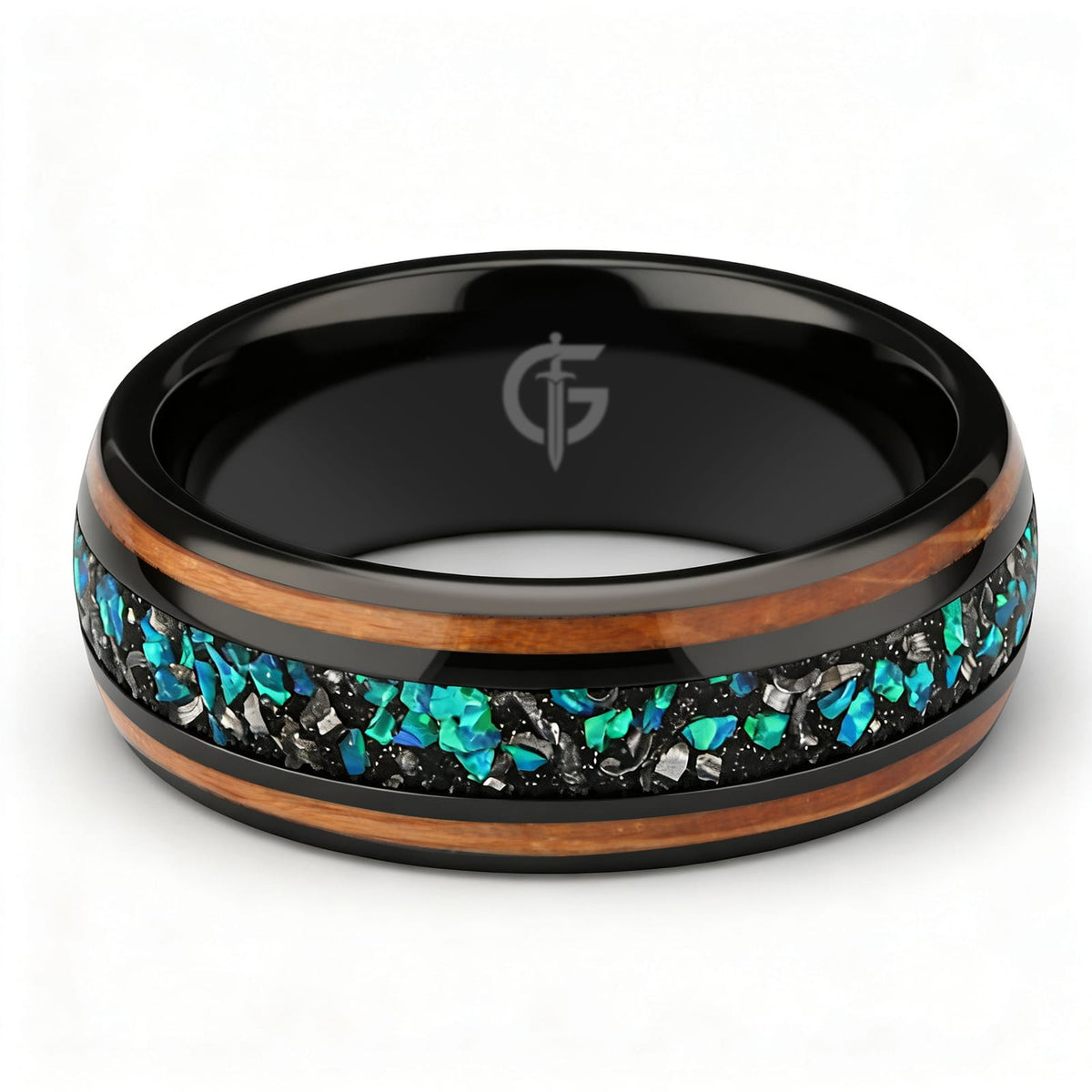 Black domed ring with two wood strips framing a center inlay of silver-gray and blue-green fragments.
