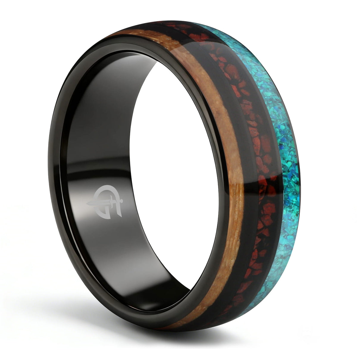 Polished black tungsten ring with brown wood, red dinosaur bone and blue-green turquoise in three bands