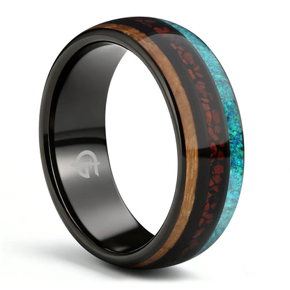 Polished black tungsten ring with brown wood, red dinosaur bone and blue-green turquoise in three bands