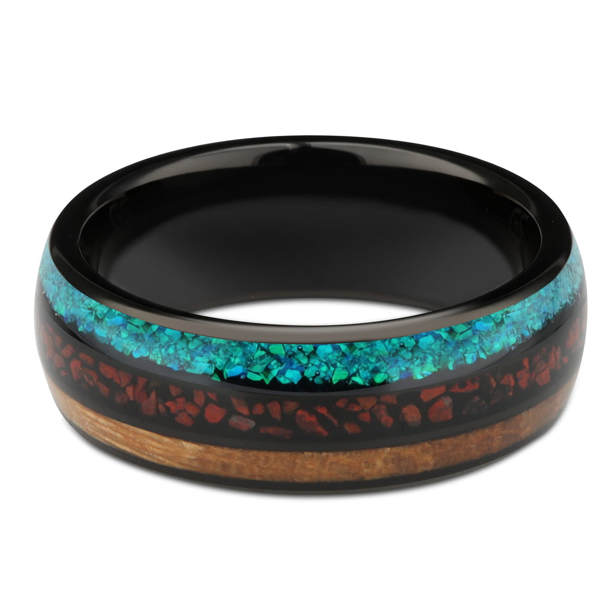 Polished black tungsten ring with brown wood, red dinosaur bone and blue-green turquoise in three bands