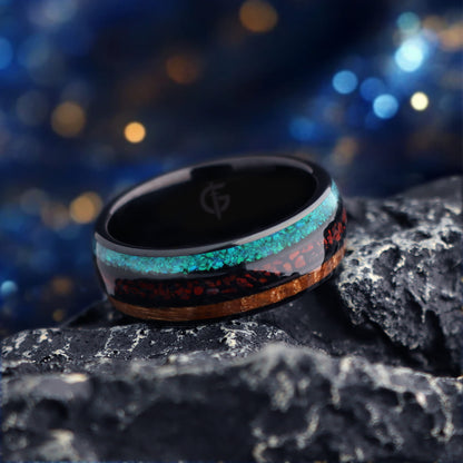 Polished black tungsten ring with brown wood, red dinosaur bone and blue-green turquoise in three bands