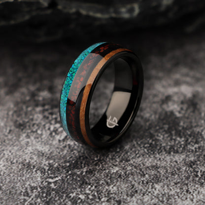 Polished black tungsten ring with brown wood, red dinosaur bone and blue-green turquoise in three bands