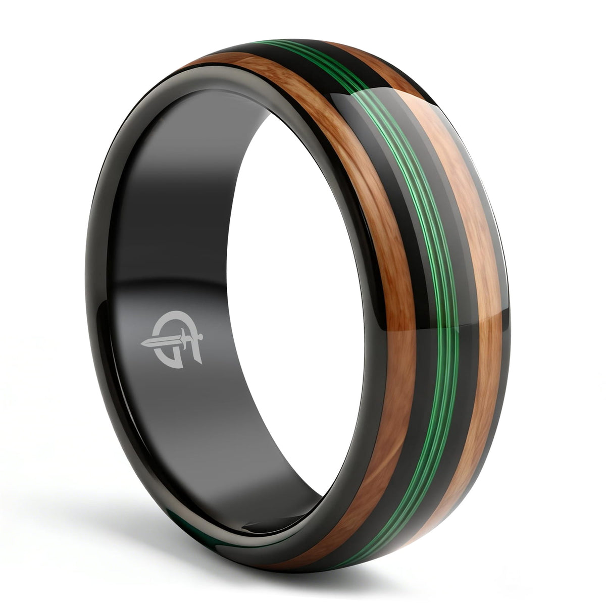 Polished black tungsten ring with green fishing line between two brown whiskey barrel wood bands