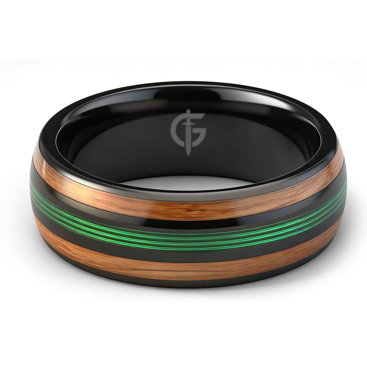 Polished black tungsten ring with green fishing line between two brown whiskey barrel wood bands