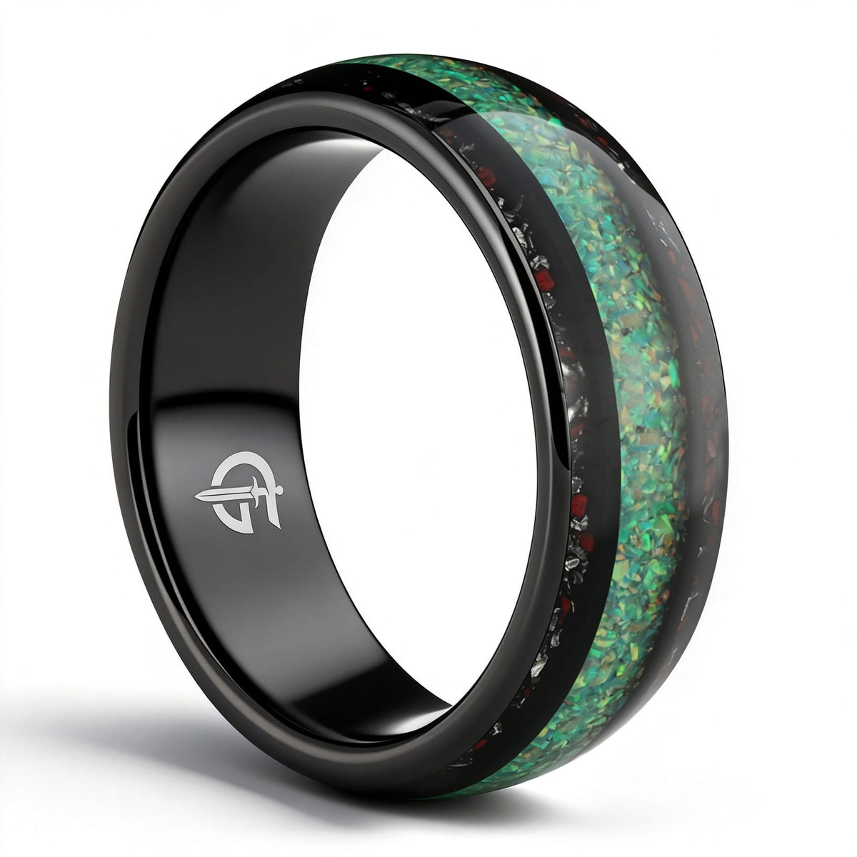Black tungsten ring with green-yellow natural opal center and red and silver-gray inlays on both sides