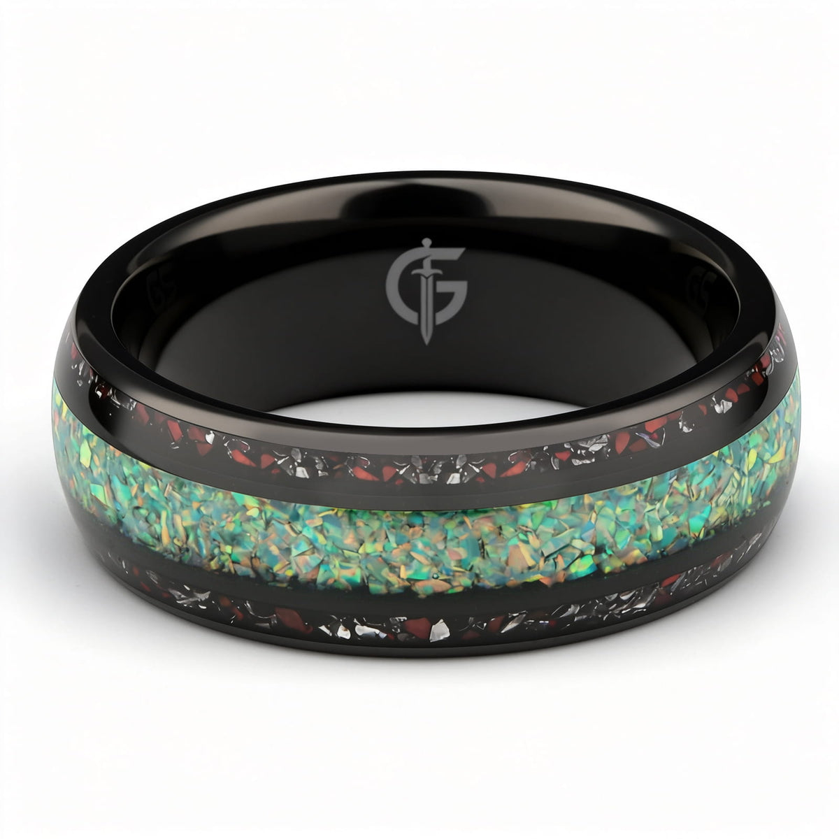 Black tungsten ring with green-yellow natural opal center and red and silver-gray inlays on both sides
