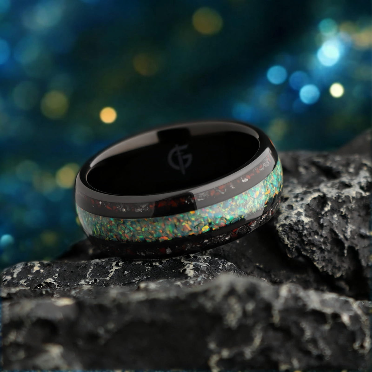 Black tungsten ring with green-yellow natural opal center and red and silver-gray inlays on both sides