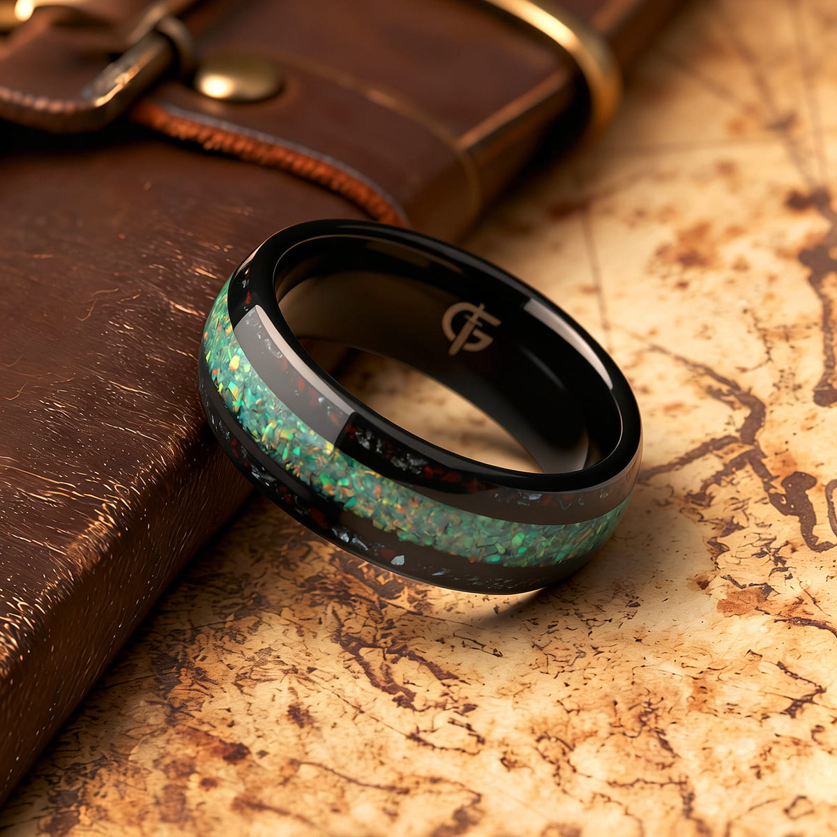Black tungsten ring with green-yellow natural opal center and red and silver-gray inlays on both sides