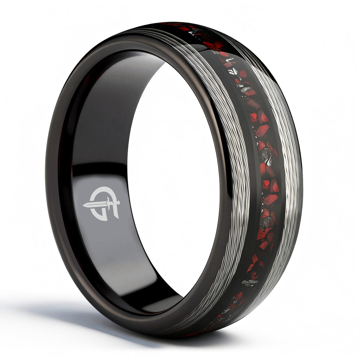 Black tungsten ring with silver-tone fishing line flanking a red dinosaur bone and silver-gray meteorite center