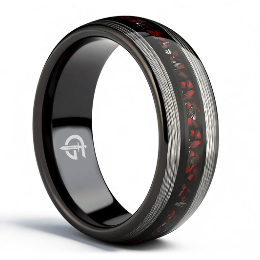 Black tungsten ring with silver-tone fishing line flanking a red dinosaur bone and silver-gray meteorite center