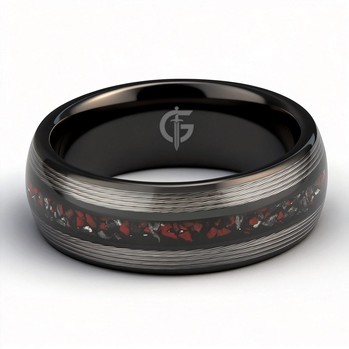 Black tungsten ring with silver-tone fishing line flanking a red dinosaur bone and silver-gray meteorite center