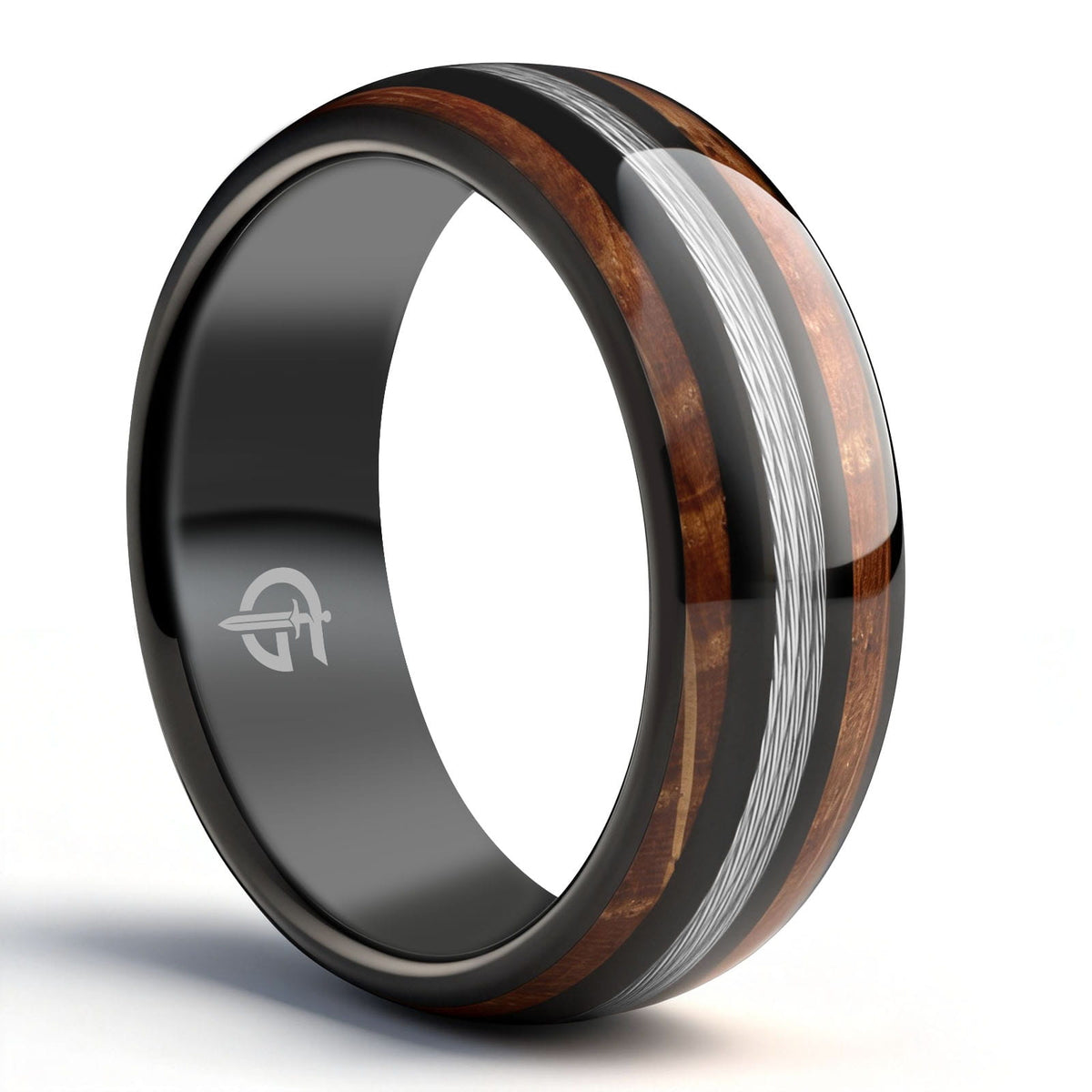 Black tungsten ring with silver-tone fishing line centered between two whiskey barrel wood bands